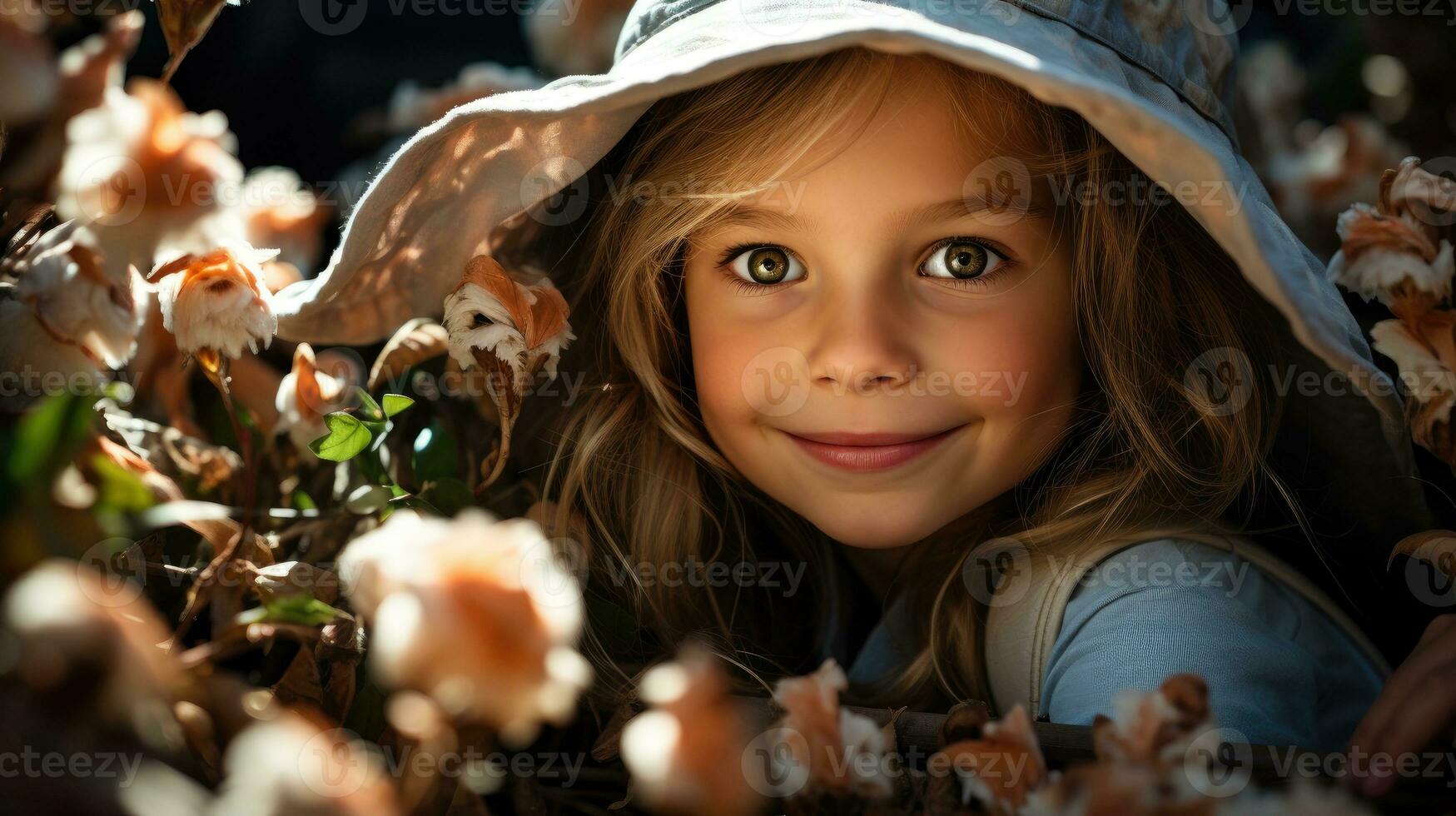 Happy little girl looking for Easter eggs hidden among greenery in garden. Generative AI photo