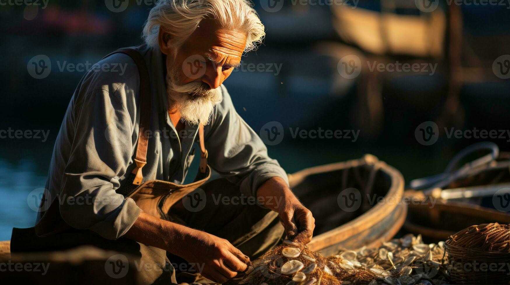 Fisherman mending his nets in a seaside town. Generative AI photo