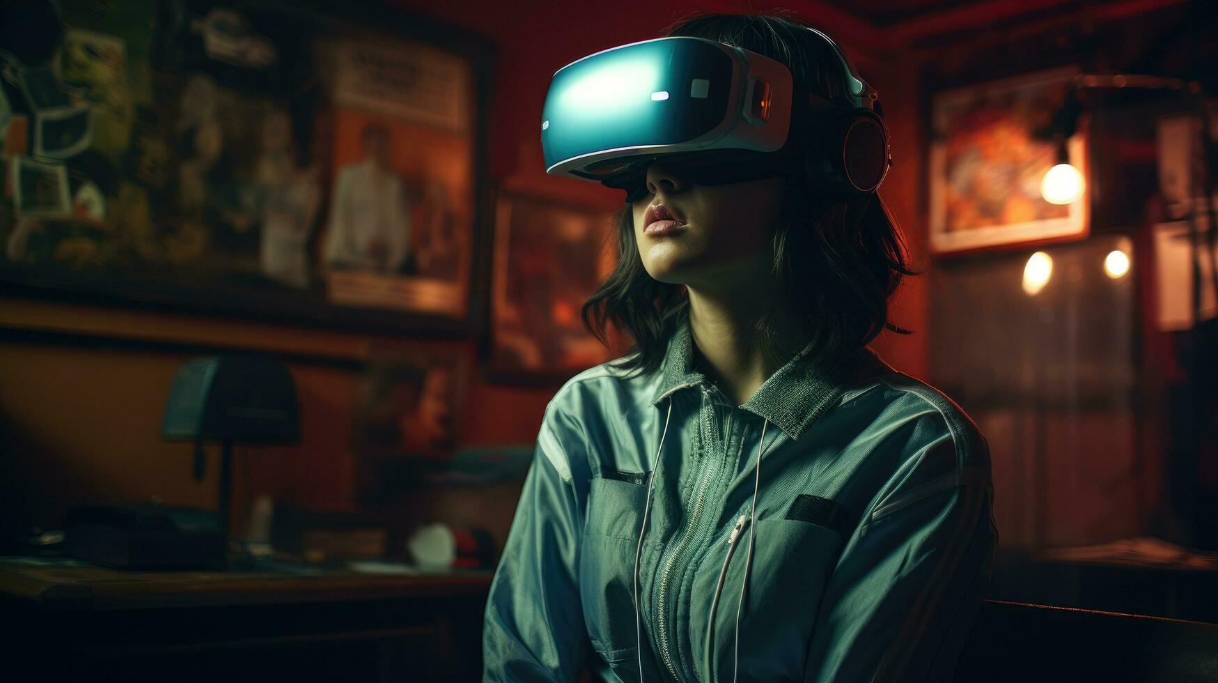Player navigating the digital world with a VR headset. Generative AI photo