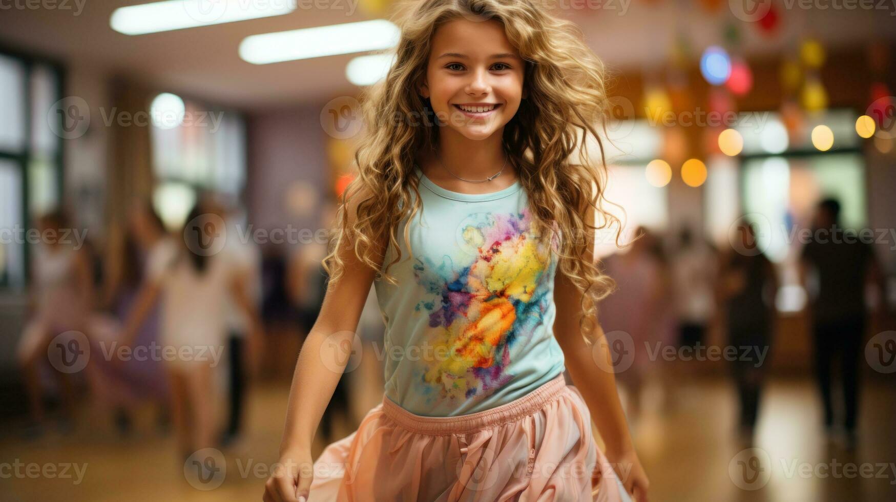 Happy young girl is dancing to the music. Generative AI photo