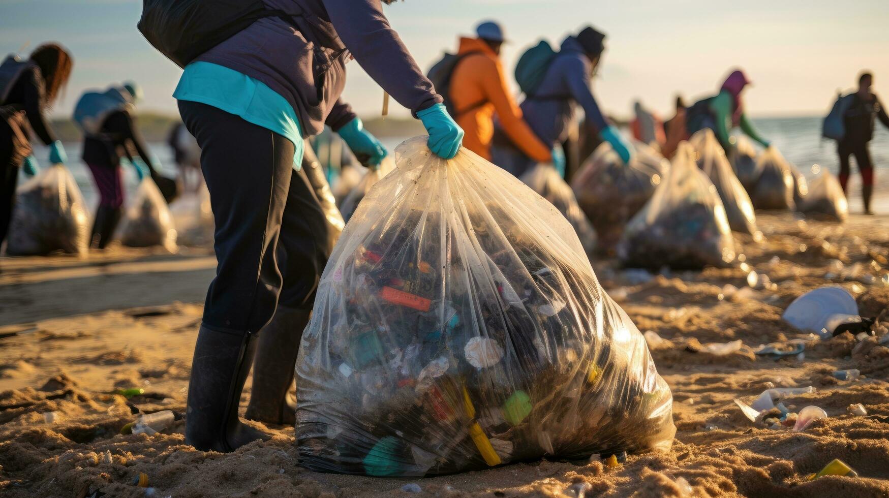 A group of young children and teenagers is cleaning up plastic waste on the beach. Generative AI photo