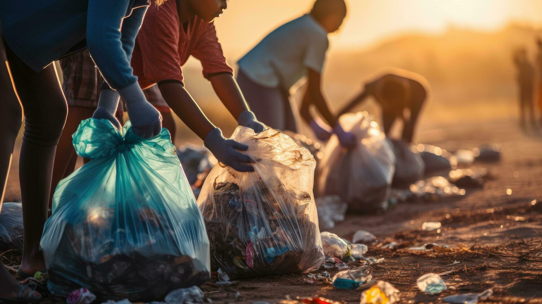 A group of young children and teenagers is cleaning up plastic waste on the beach. Generative AI photo