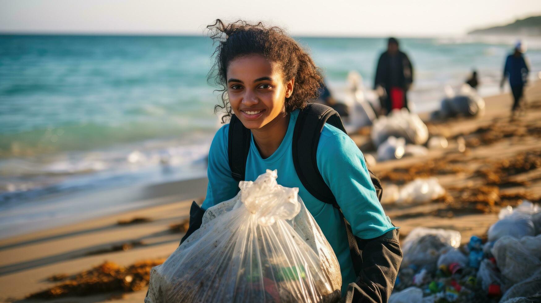 A group of young children and teenagers is cleaning up plastic waste on the beach. Generative AI photo