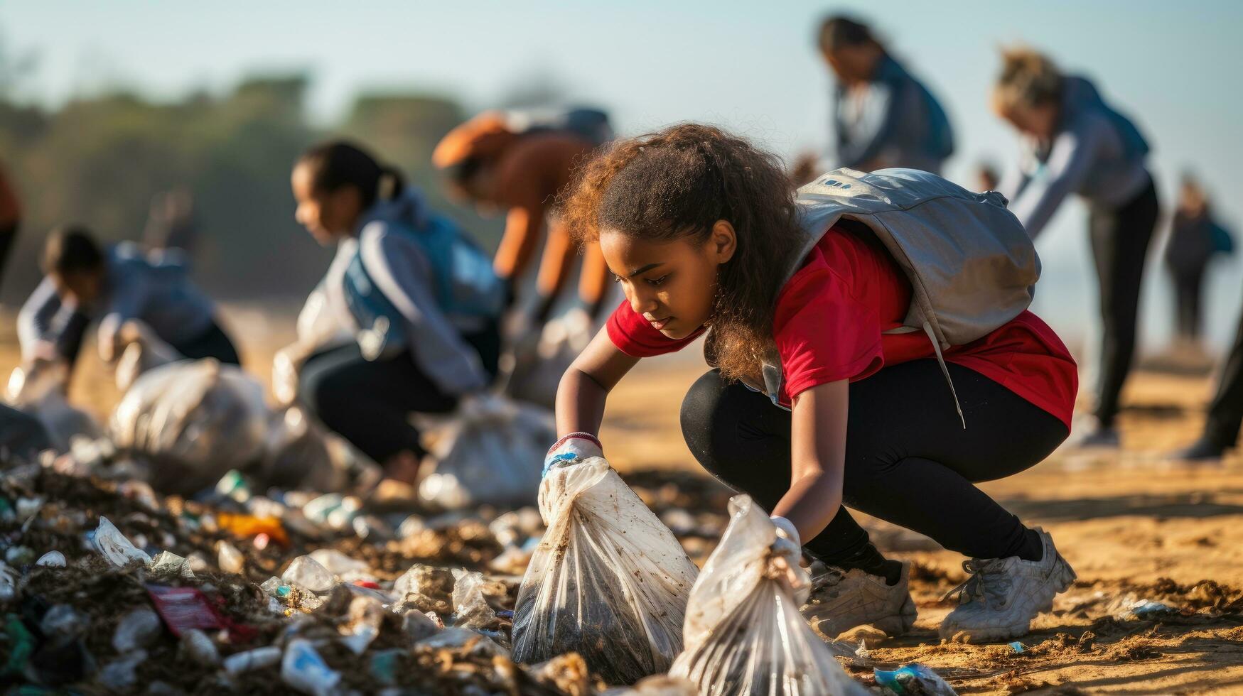 A group of young children and teenagers is cleaning up plastic waste on the beach. Generative AI photo