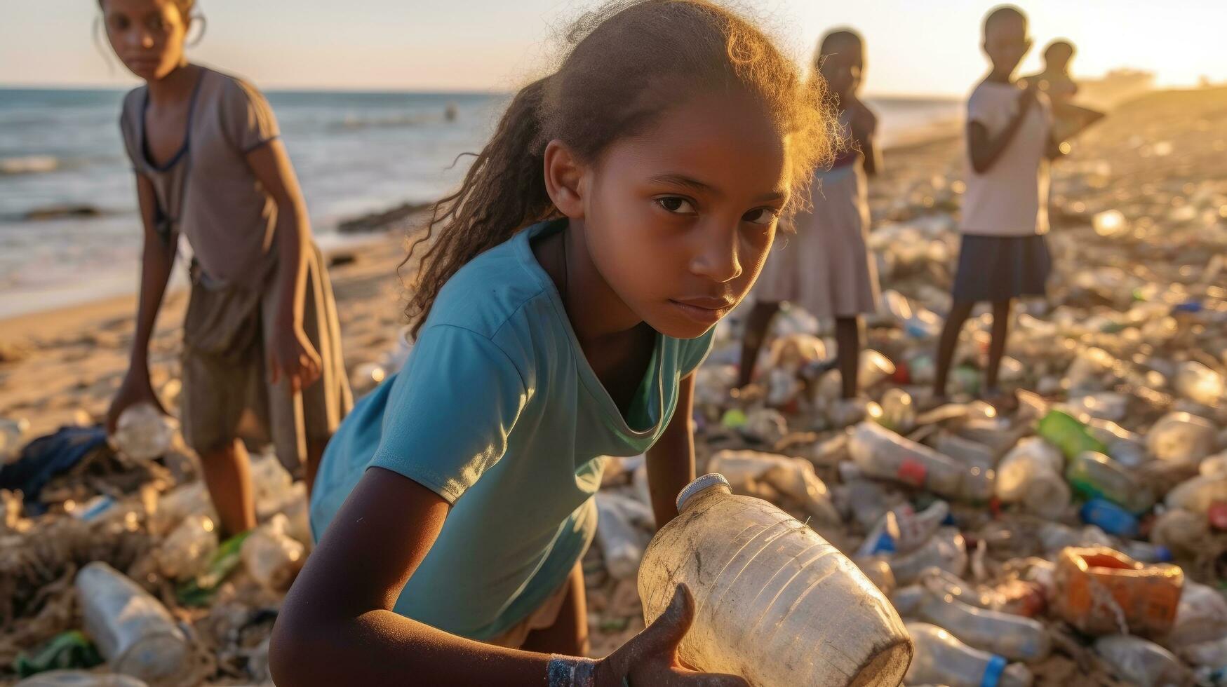 A group of young children and teenagers is cleaning up plastic waste on the beach. Generative AI photo