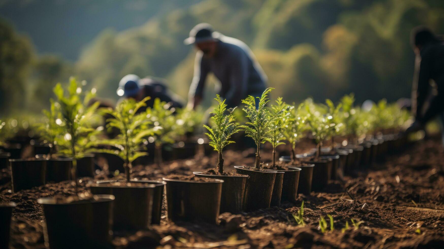 A group of volunteers are planting trees in a treeless area. Generative AI photo