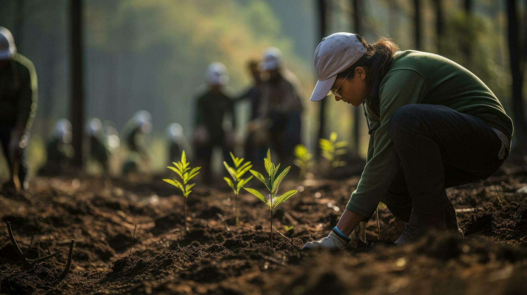 A group of volunteers are planting trees in a treeless area. Generative AI photo