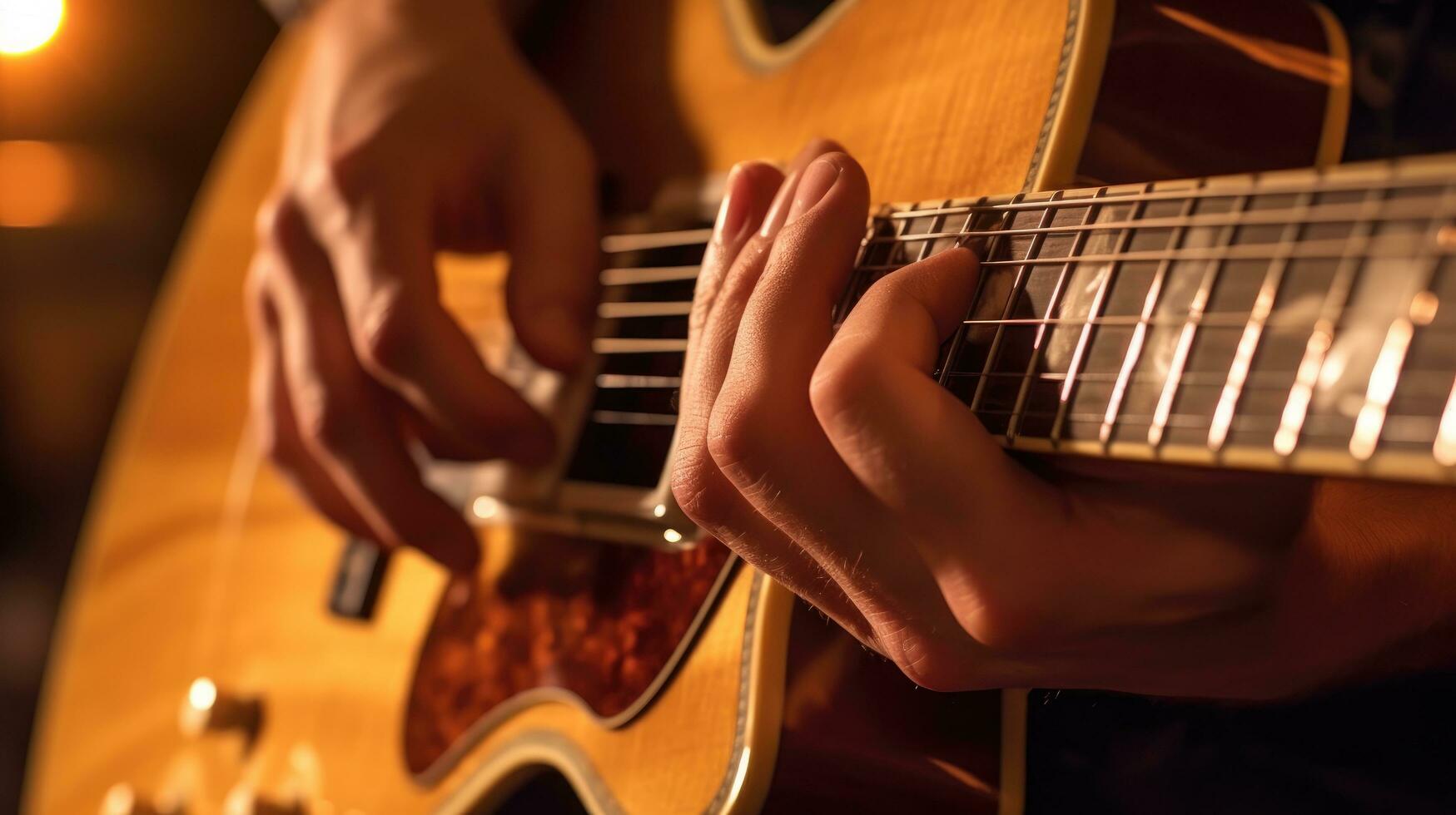 Close-up view of the musician's hand on the guitar. Generative AI photo