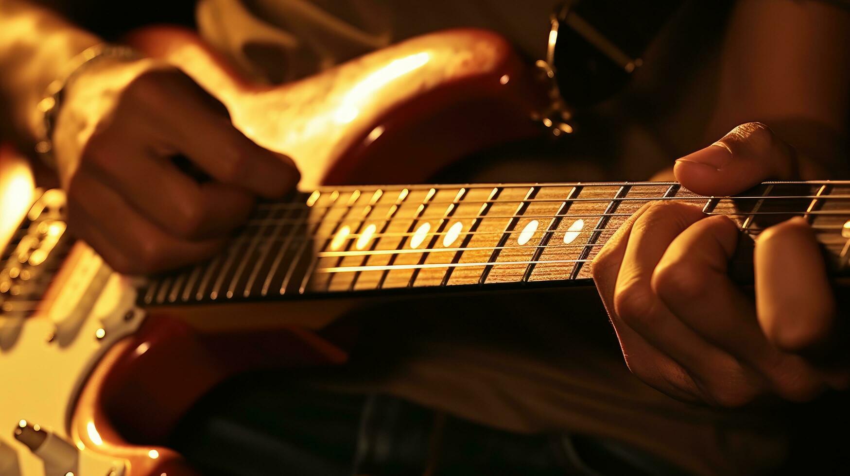 de cerca ver de el del músico mano en el guitarra. generativo ai foto