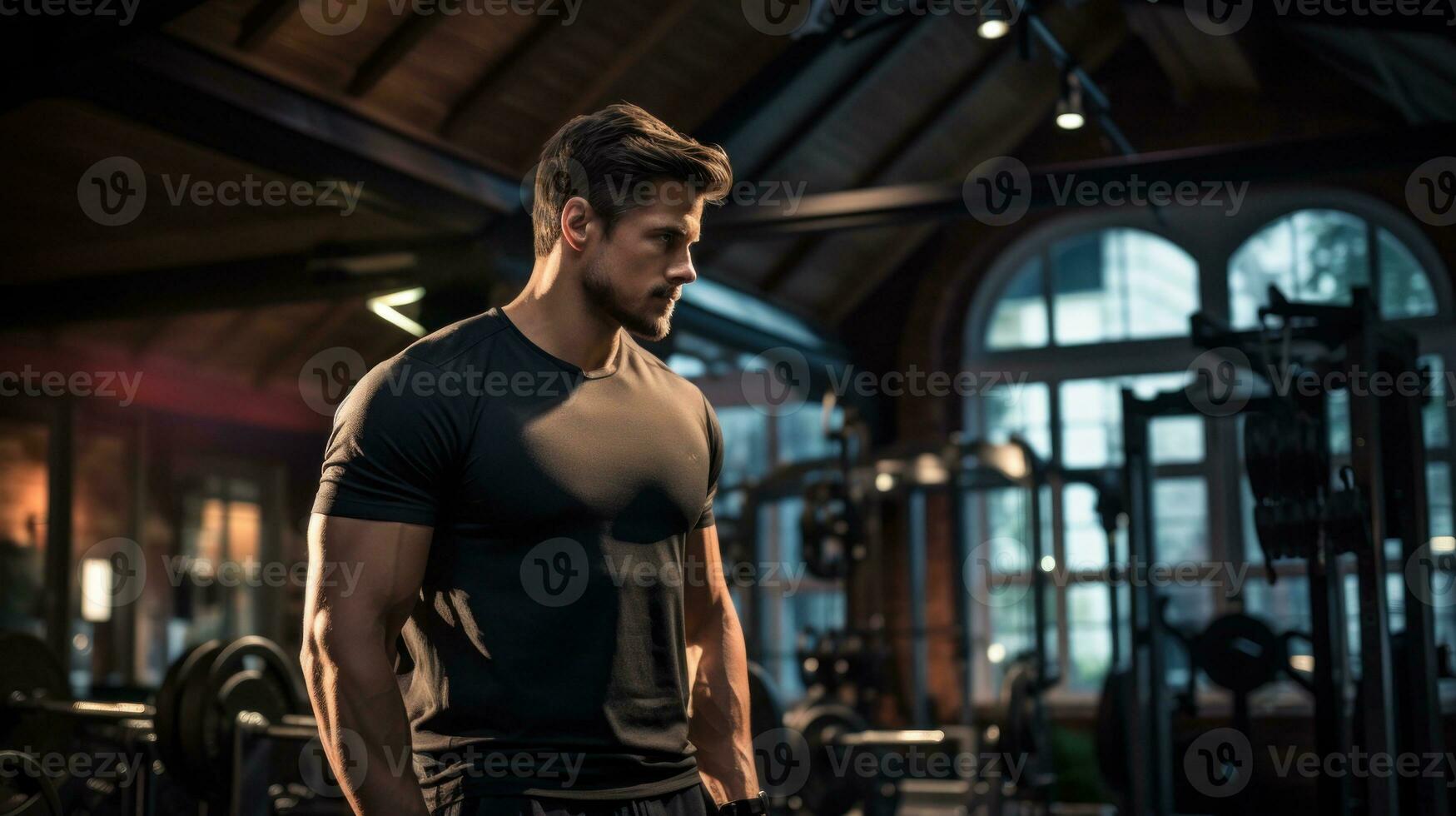 Male athlete standing inside weight equipment in gym. Generative AI photo