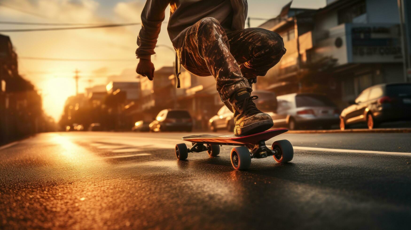 Close-up of young boy riding a skateboard on the streets of the city. Generative AI photo