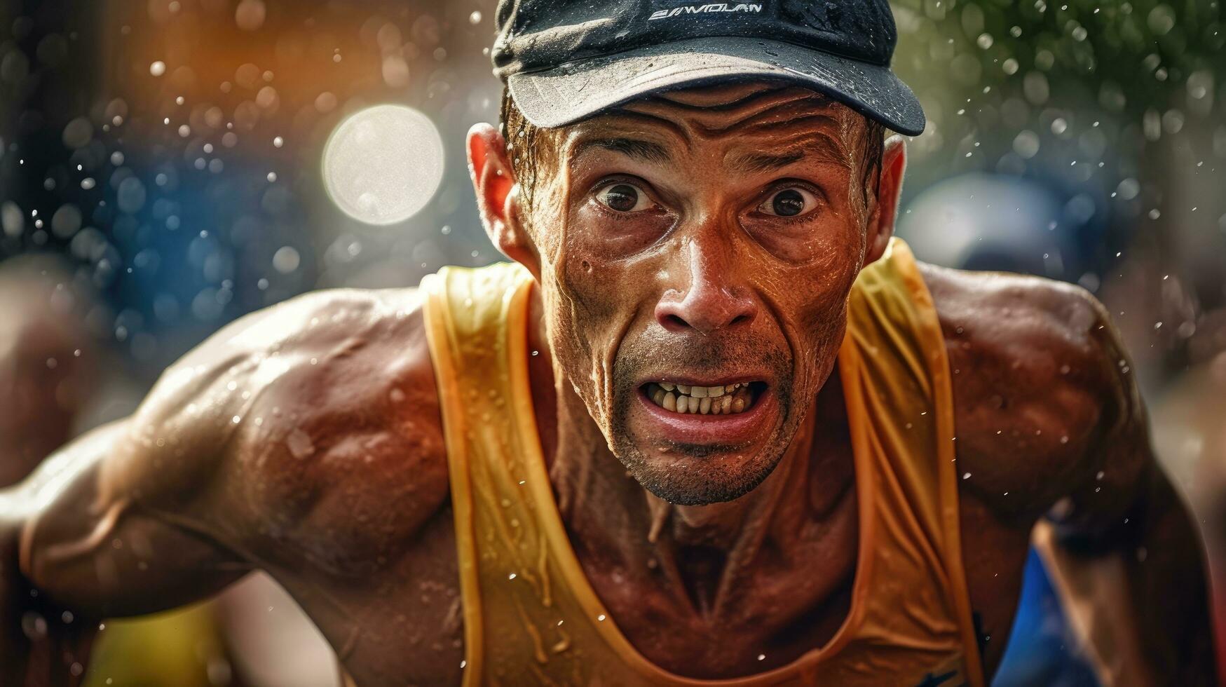 Marathon runner using last energy while approaching the finish line. Generative AI photo