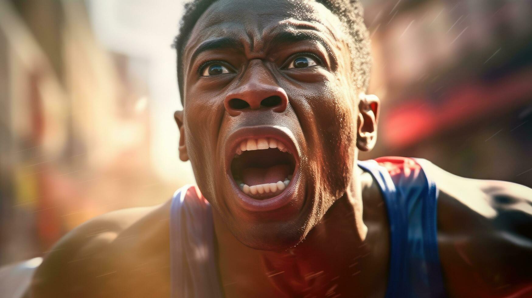 Marathon runner using last energy while approaching the finish line. Generative AI photo