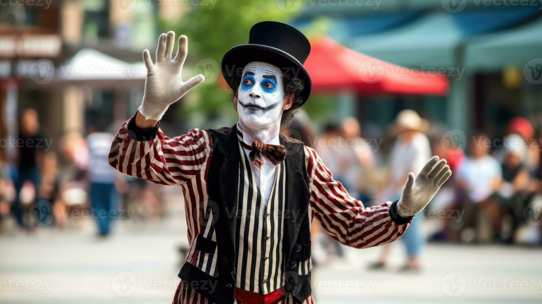 A mime is performing silently in a city square. Generative AI photo