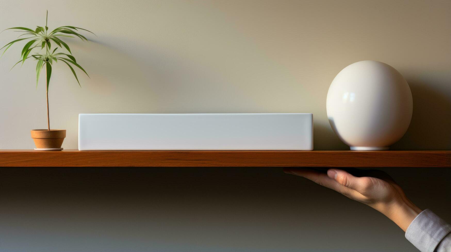 Hand placing minimalist decorative item on a shelf.  Generative AI photo