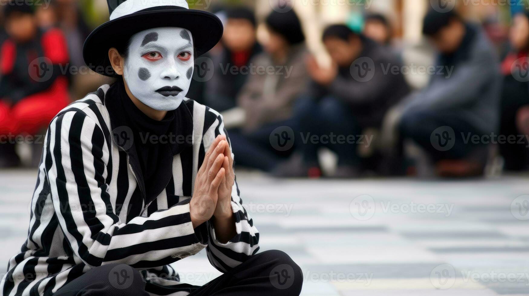 A mime is performing silently in a city square. Generative AI photo