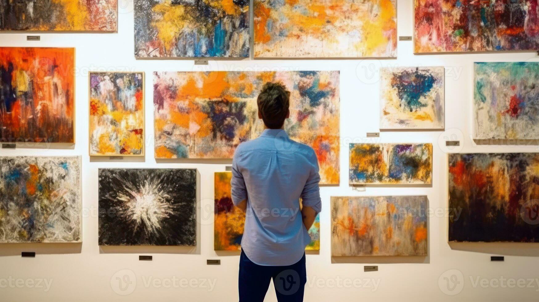 A painter examines works at the gallery opening. Generative AI photo