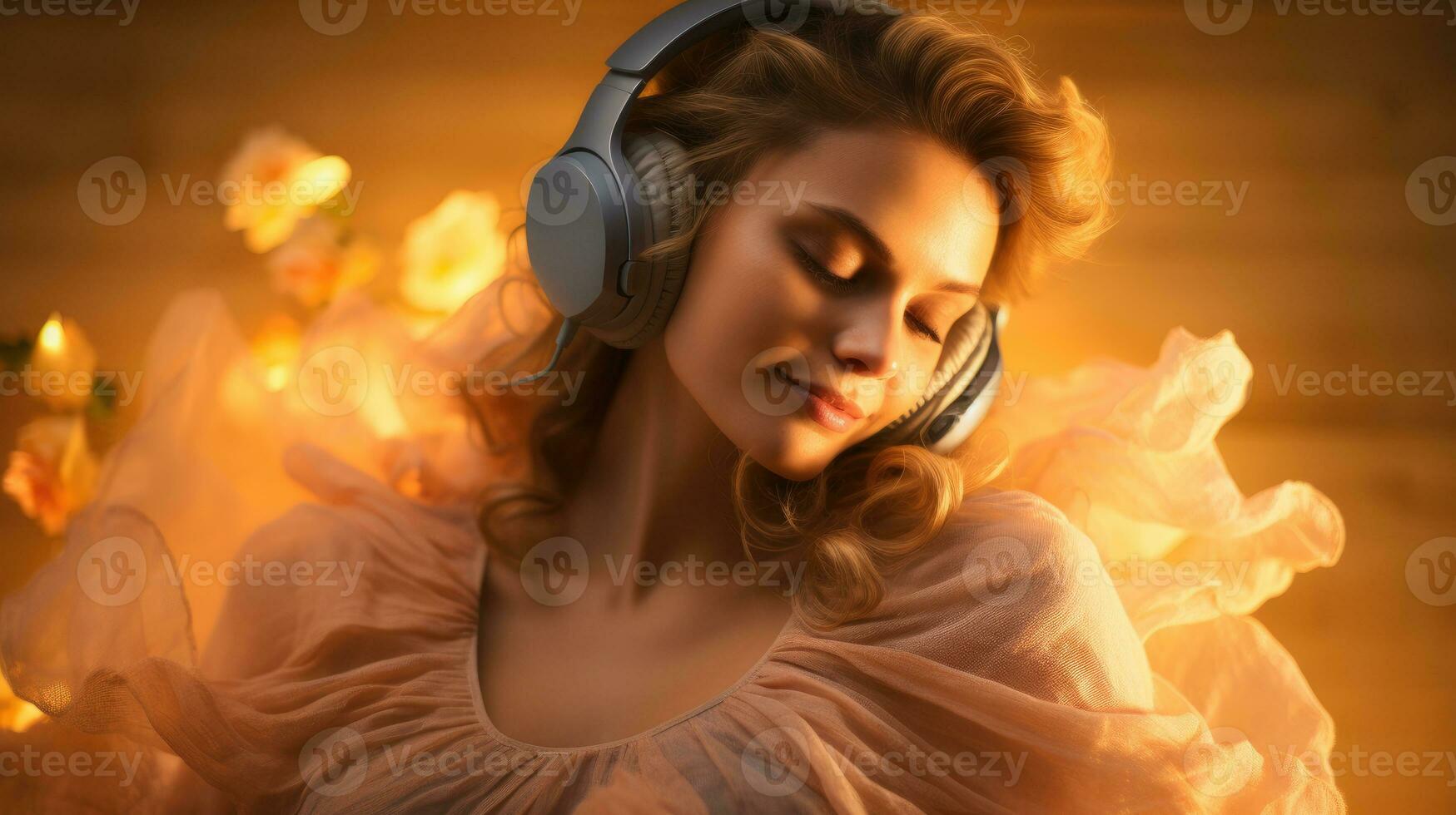 A pregnant woman listening to her favorite music with headphones. Generative AI photo