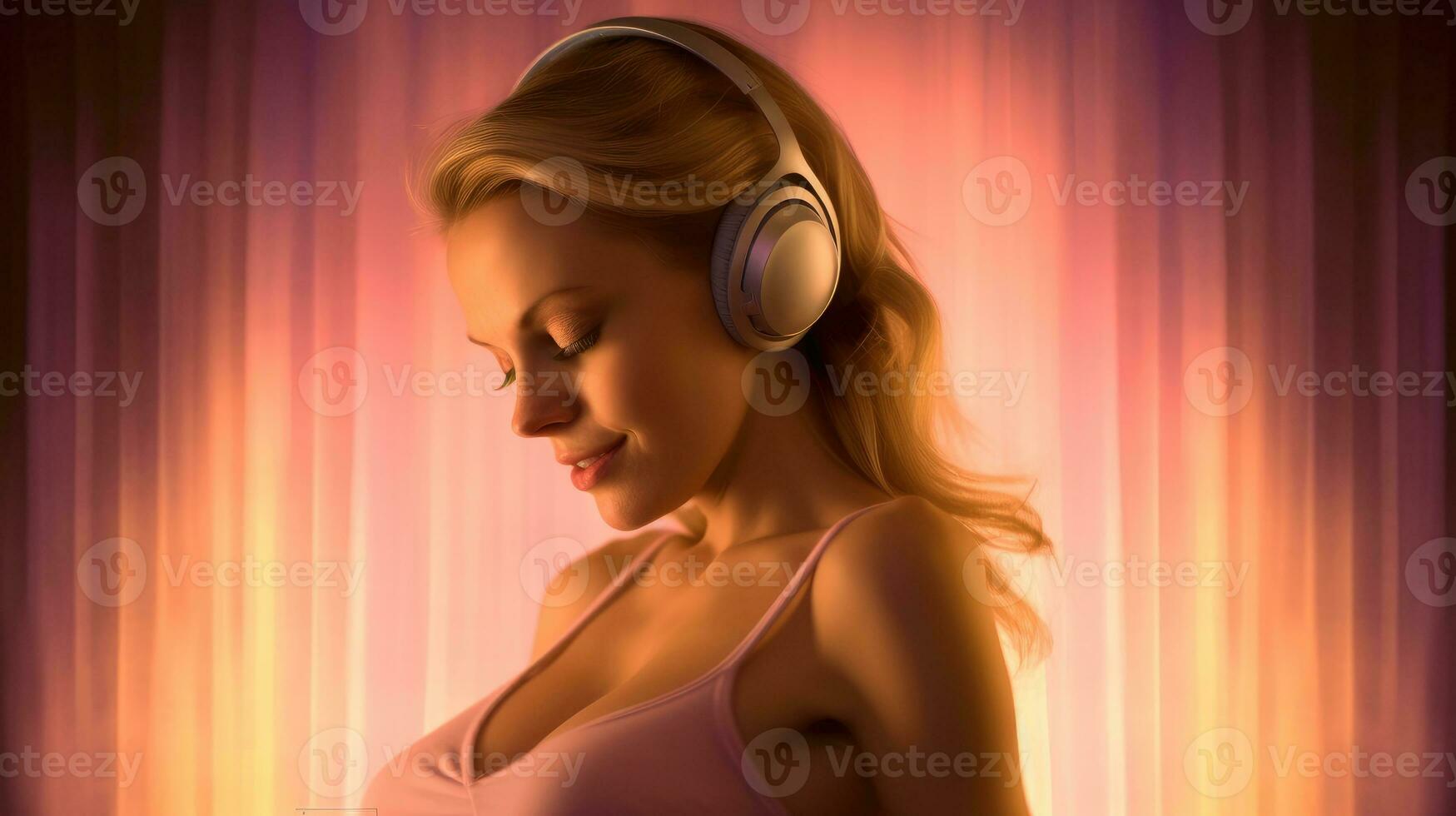 A pregnant woman listening to her favorite music with headphones. Generative AI photo