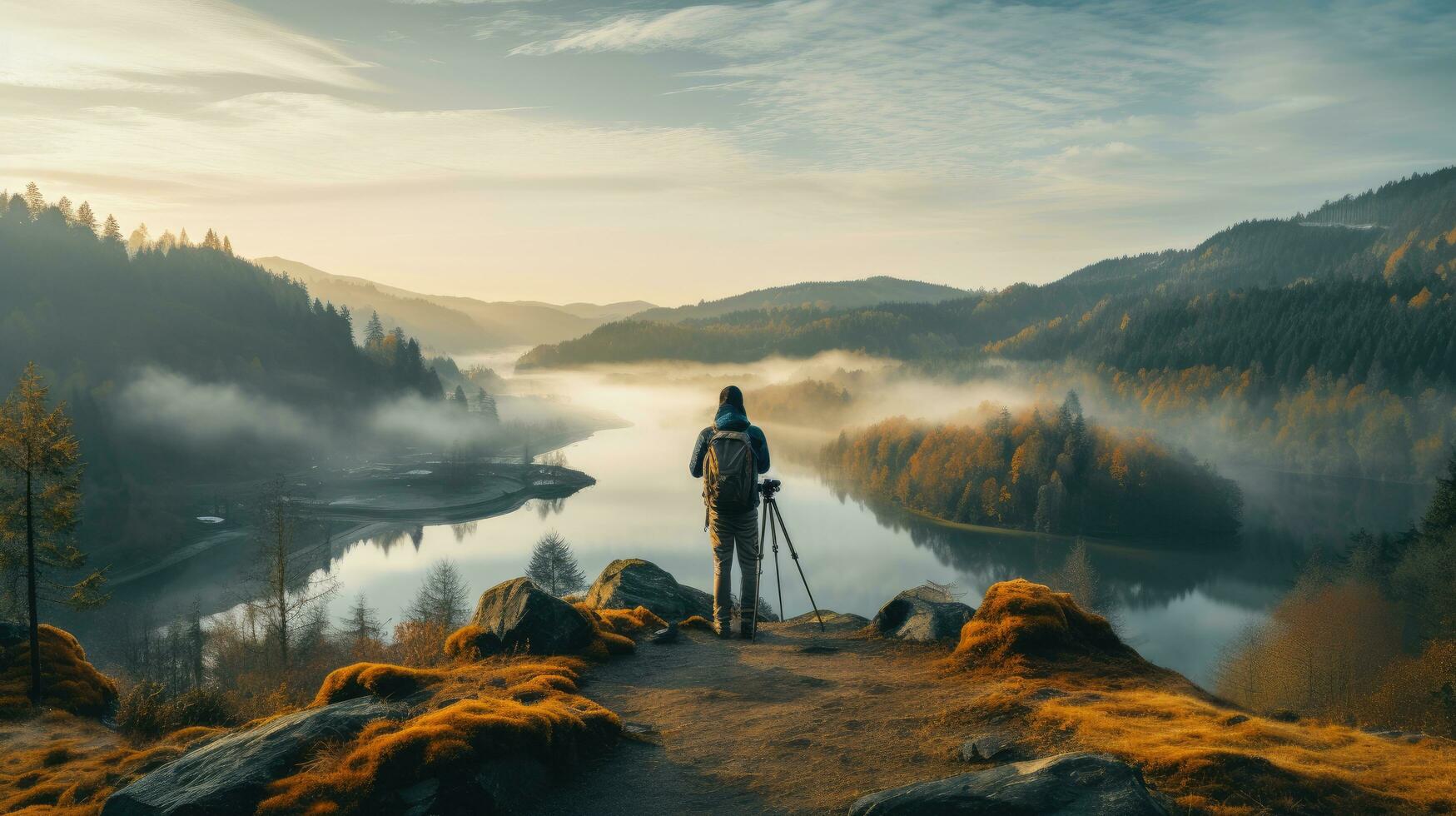 A photographer shoots landscapes with a tripod. Generative AI photo