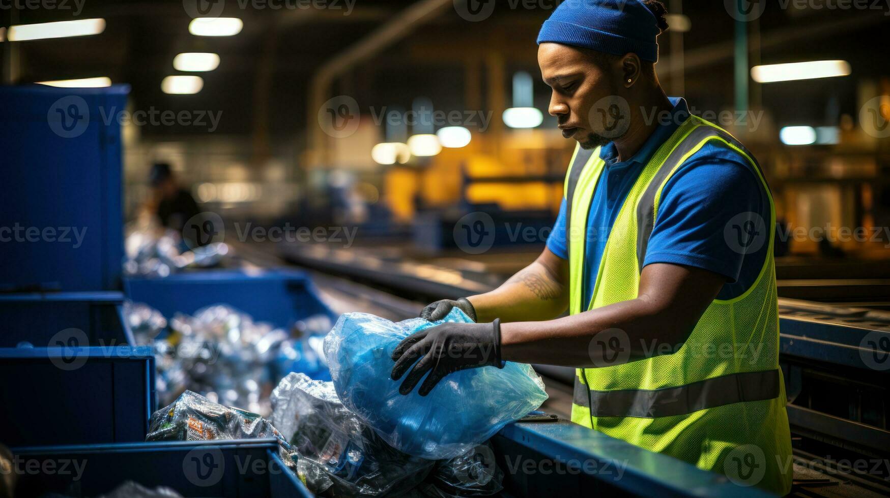 A worker sorting plastics at a recycling center. Generative AI photo