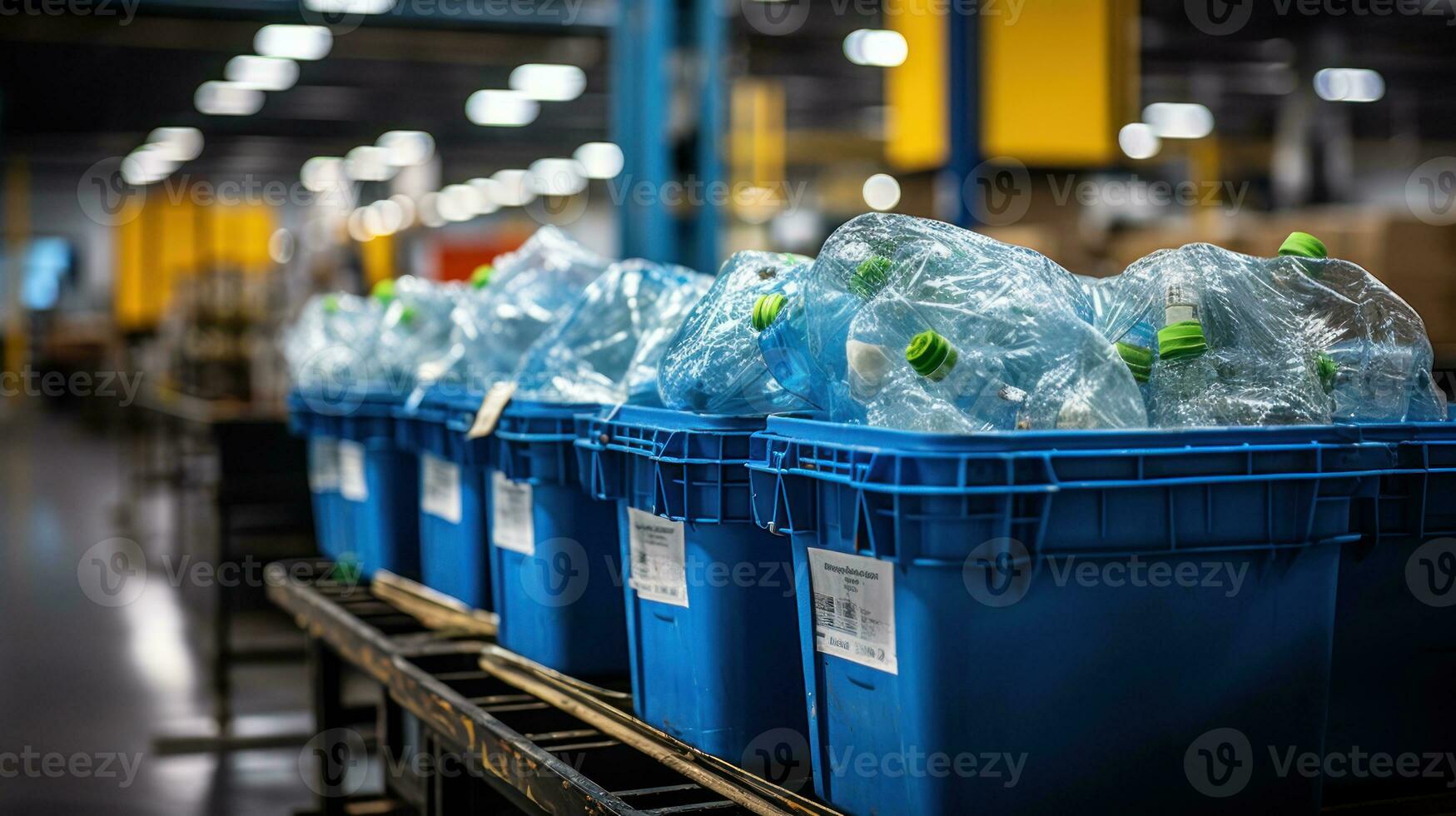 A worker sorting plastics at a recycling center. Generative AI photo