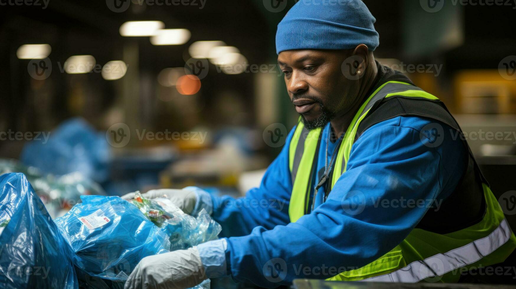 A worker sorting plastics at a recycling center. Generative AI photo