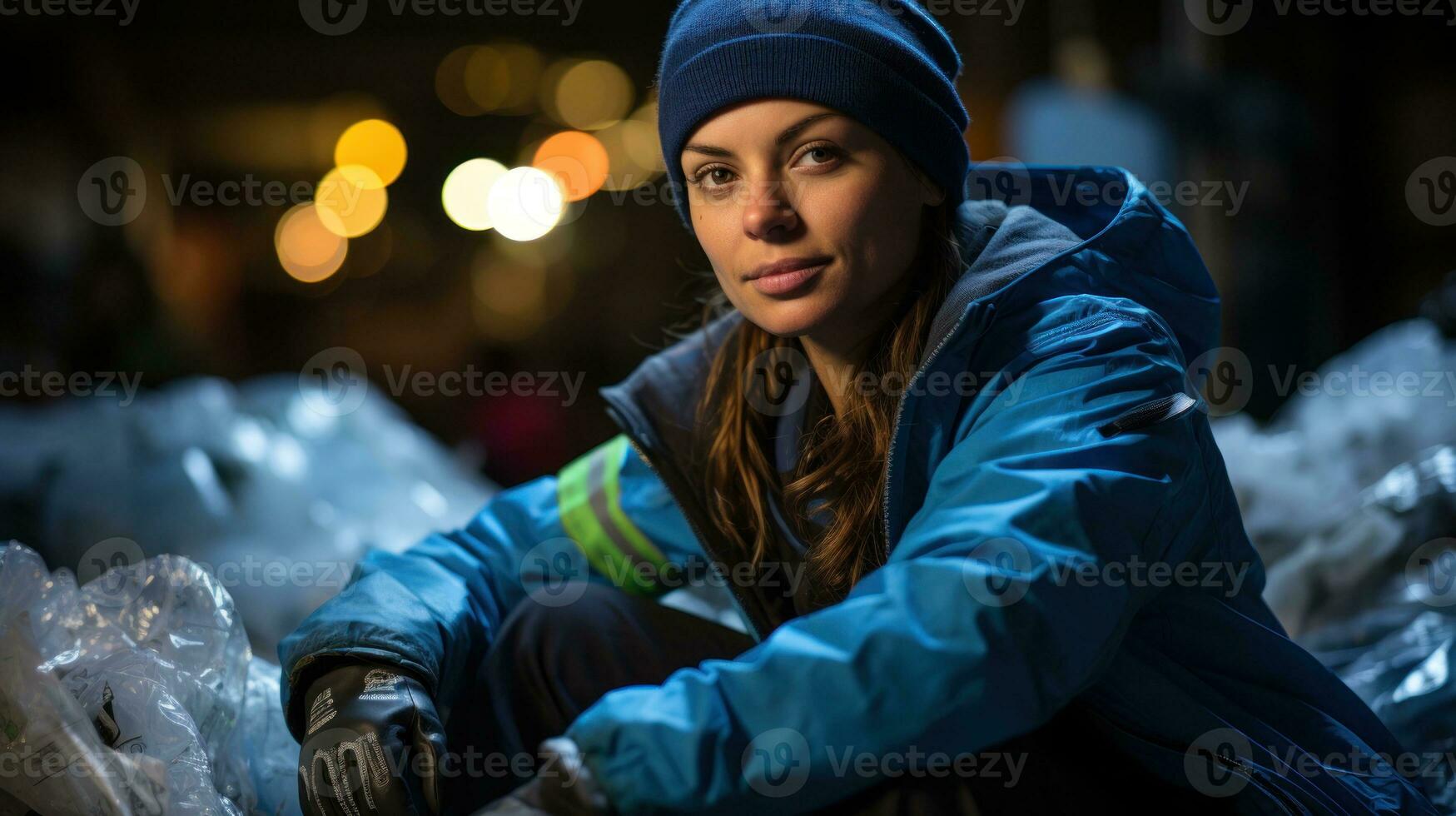 A worker sorting plastics at a recycling center. Generative AI photo