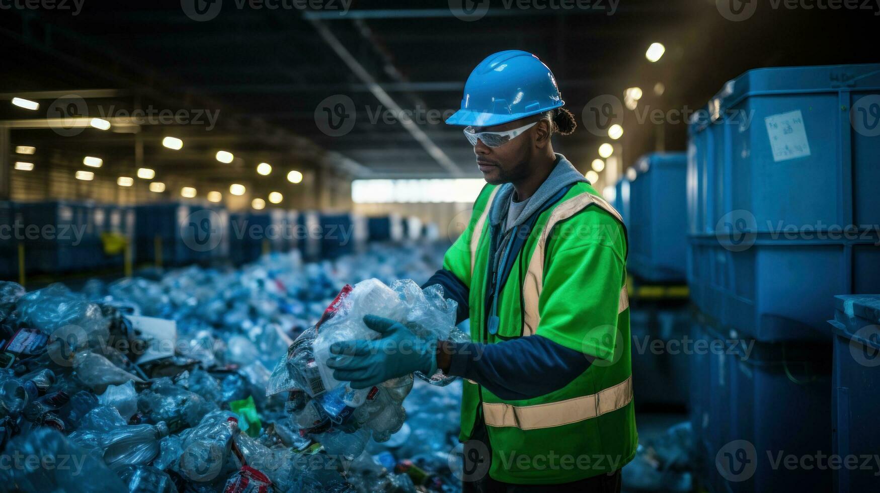 A worker sorting plastics at a recycling center. Generative AI photo