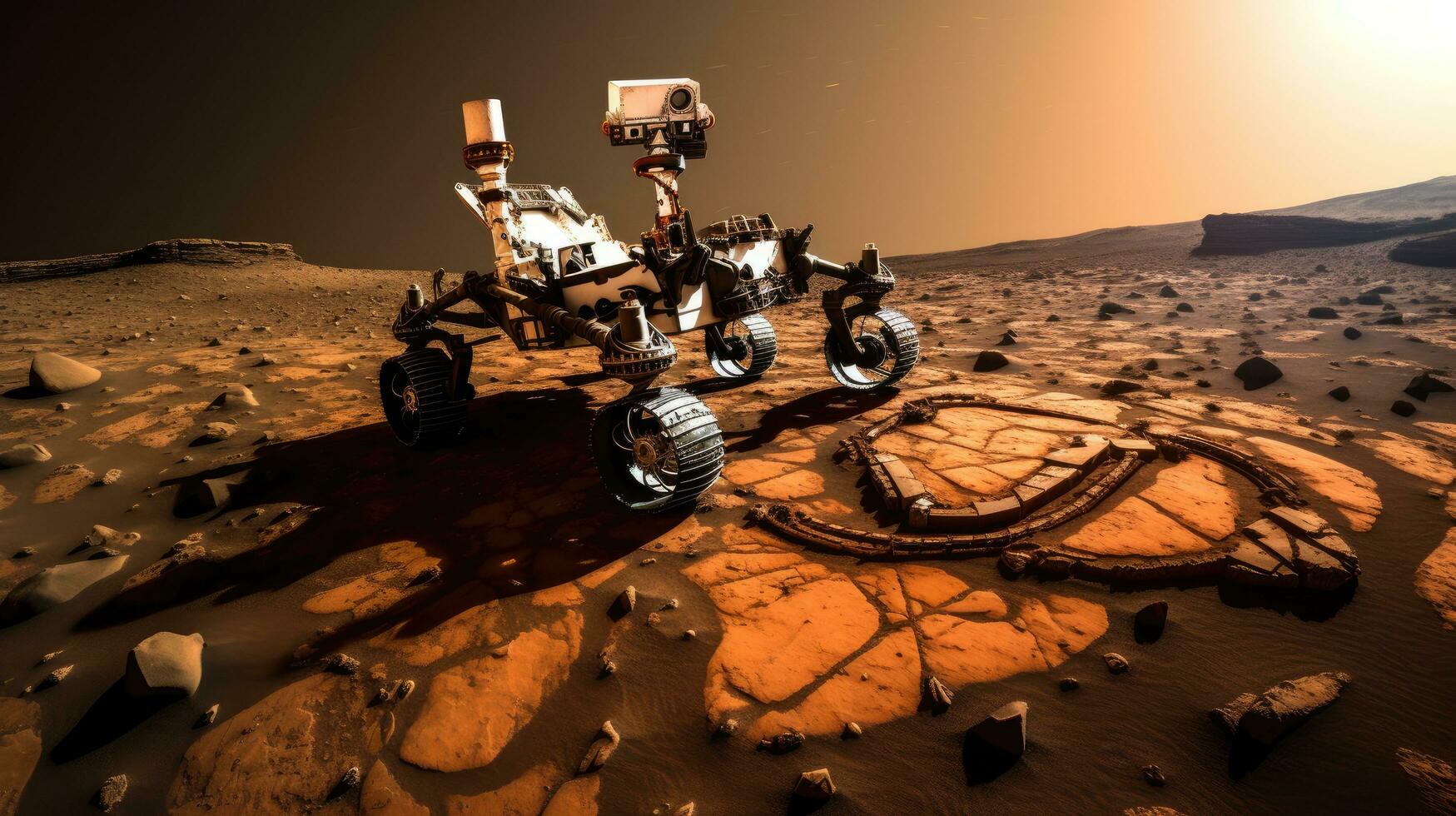 Robot navigating rugged Martian terrain. Generative AI photo