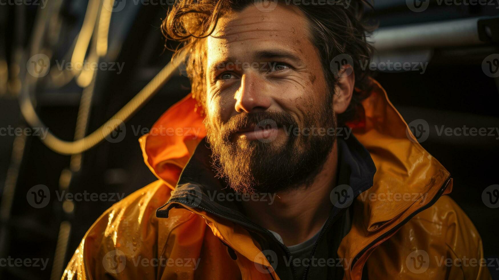 A sailor is hoisting sails on a windy day. Generative AI photo