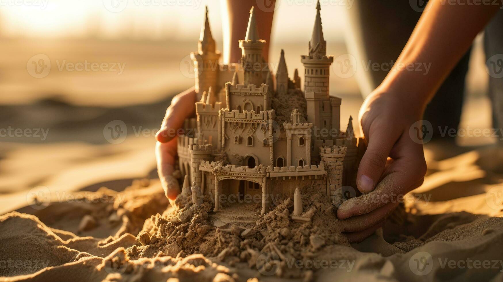 A boy building a sand castle. Generative AI photo