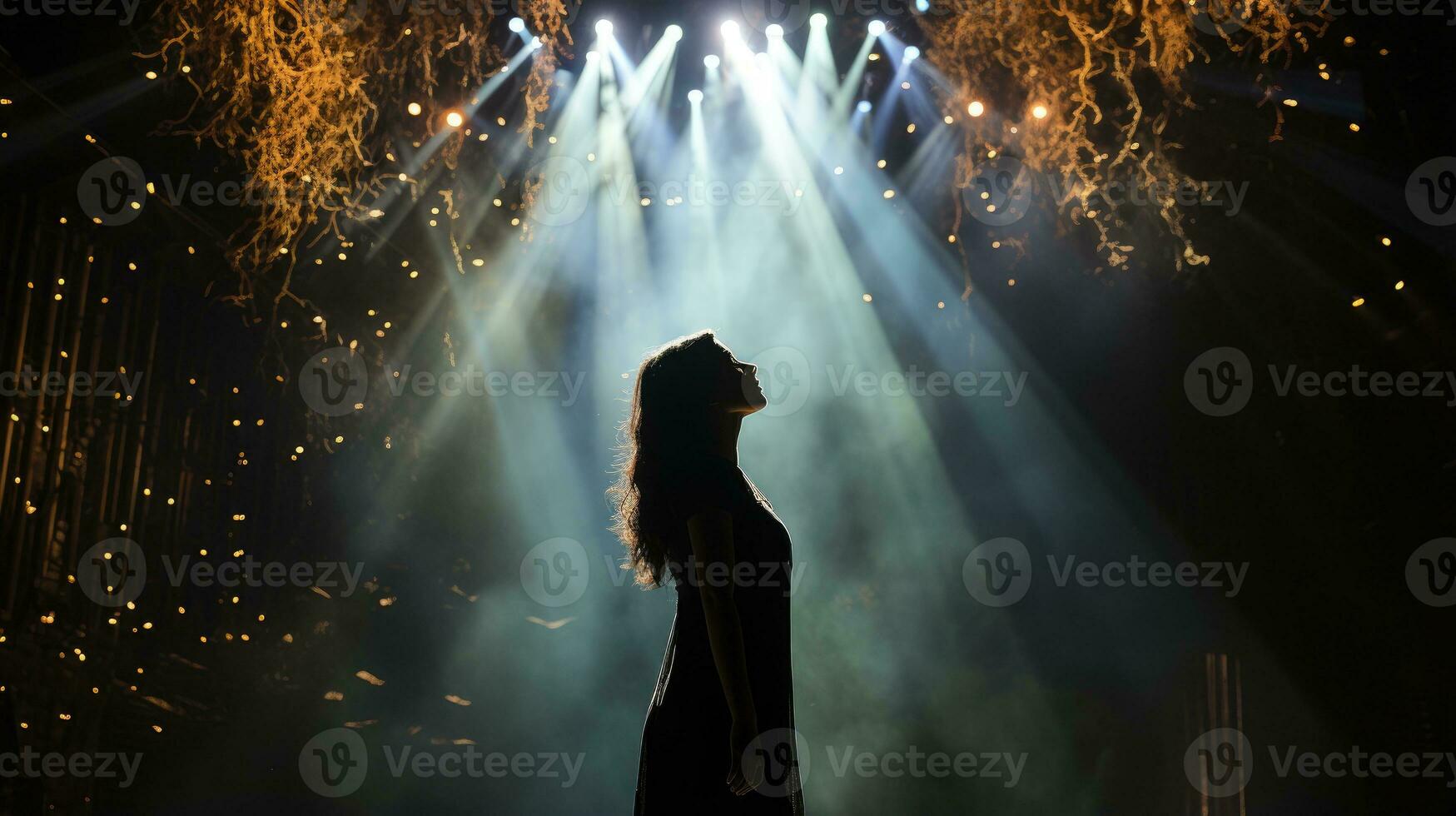 A singer is performing on stage with a spotlight. Generative AI photo