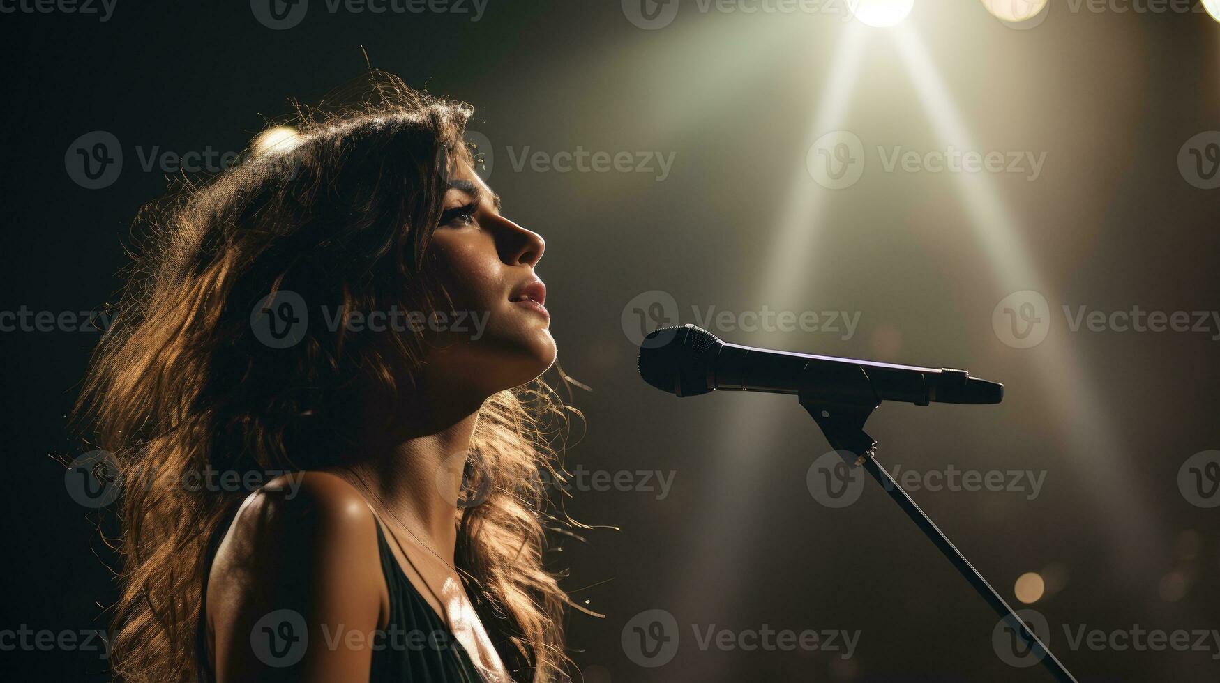 un cantante es ejecutando en etapa con un destacar. generativo ai foto