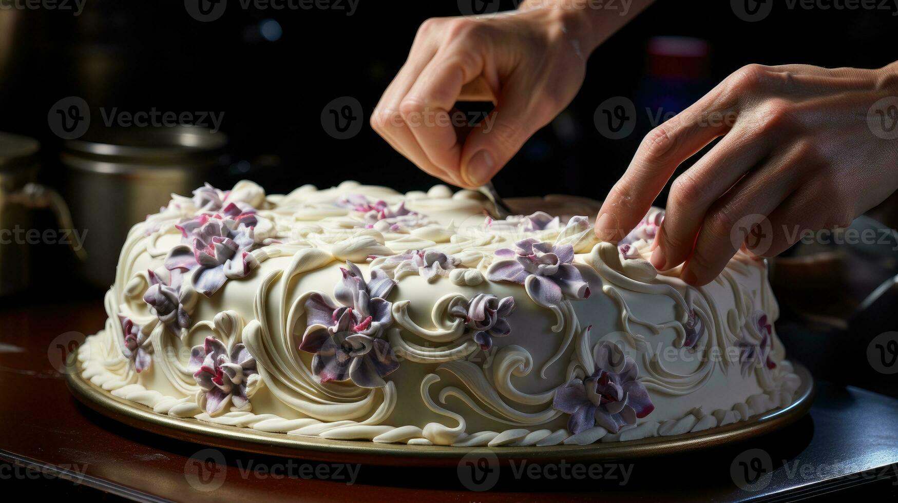 Hands of talented pastry chef making intricate icing designs on cake. Generative AI photo