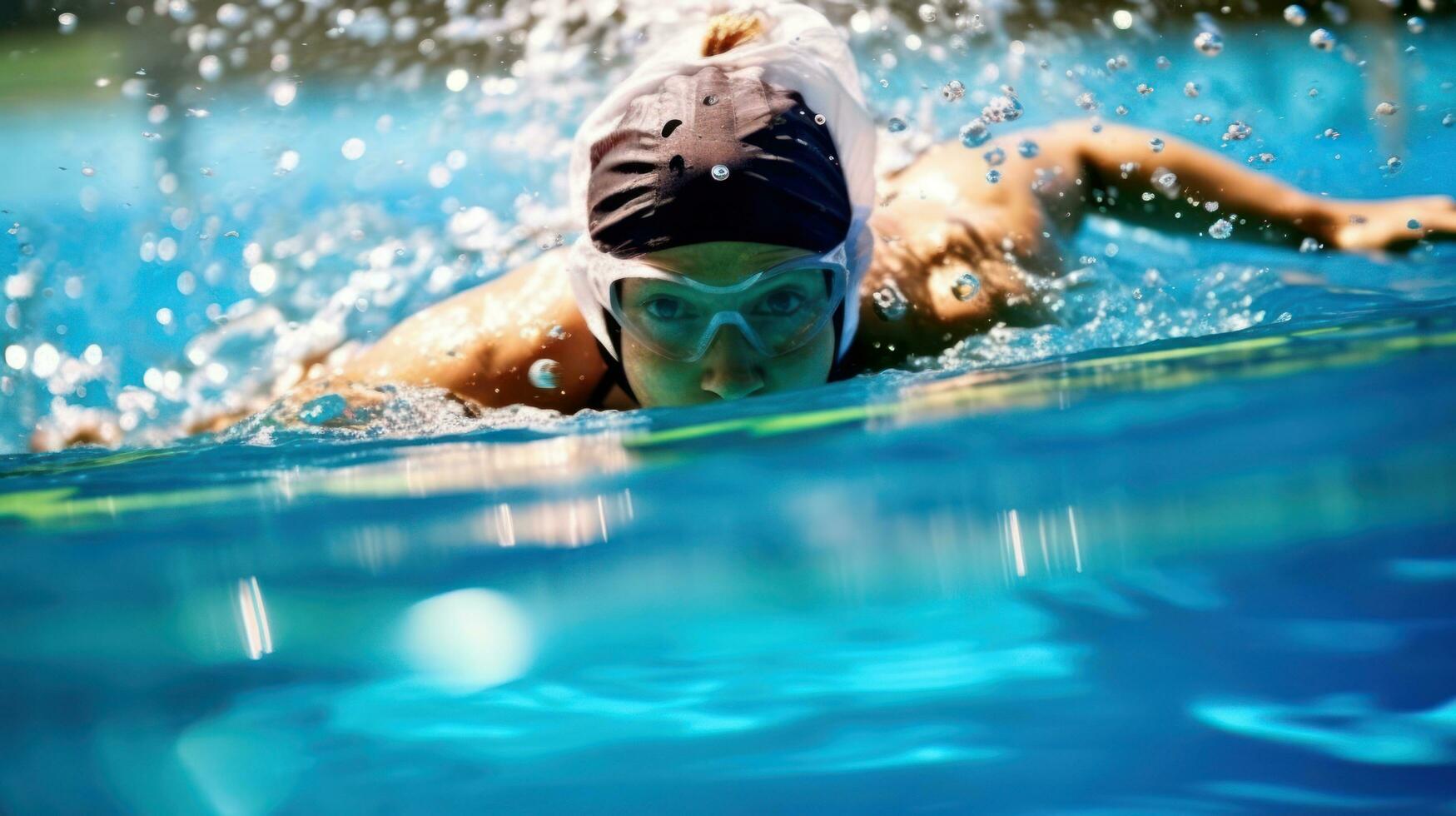 un nadador compitiendo en un relé carrera inmersiones en el piscina. generativo ai foto