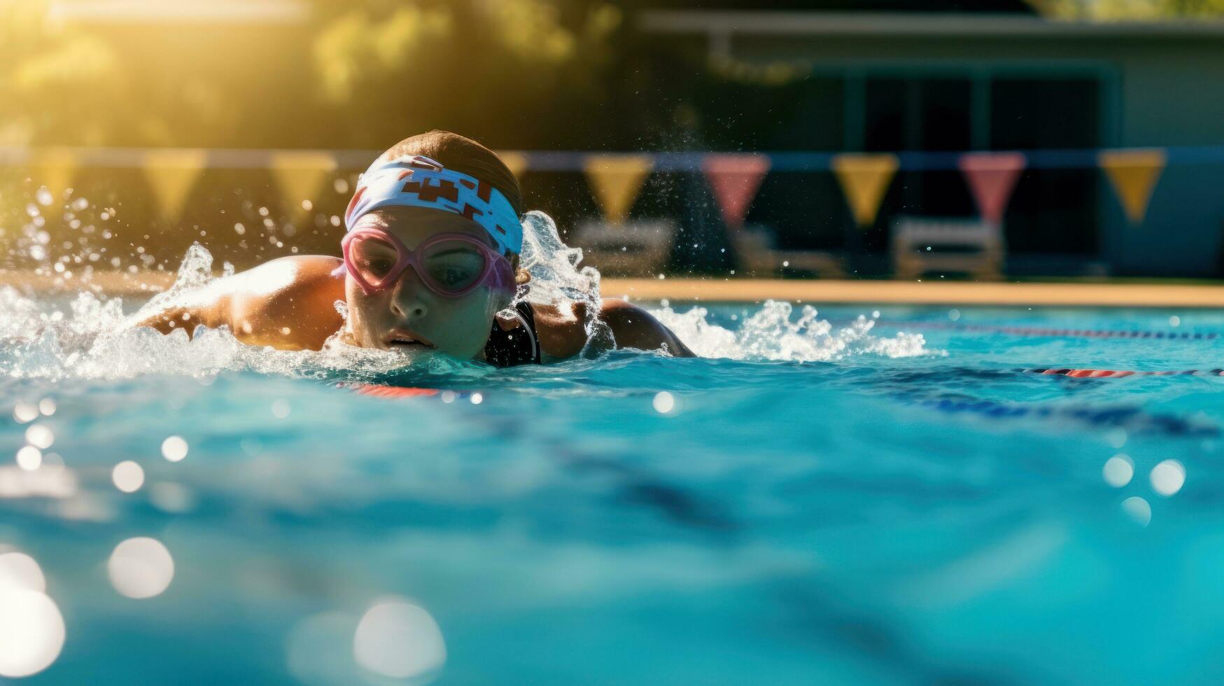 A swimmer competing in a relay race dives in the pool. Generative AI photo