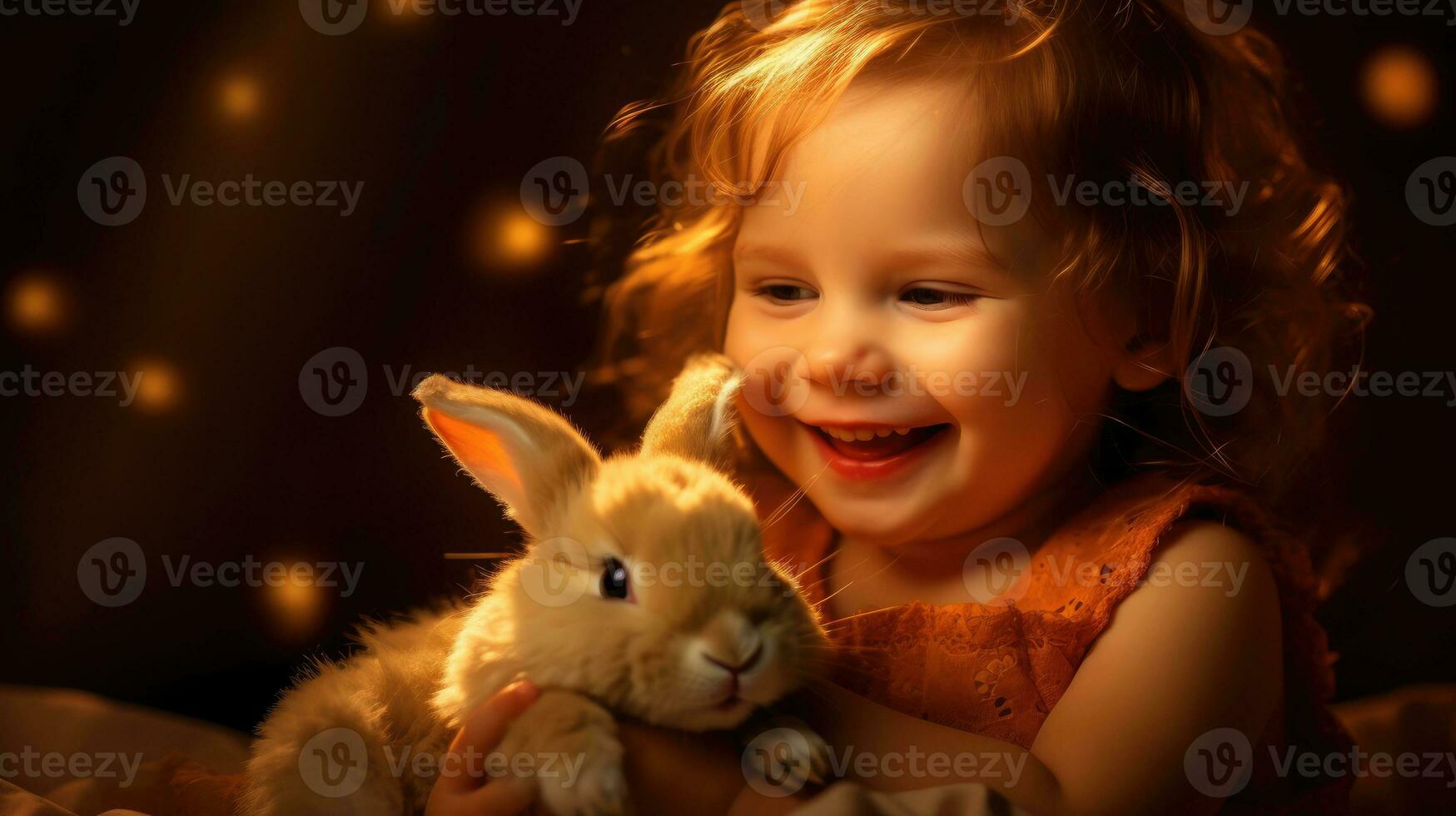 A smiling baby whose head is decorated with bunny ears. Easter concept. Generative AI photo