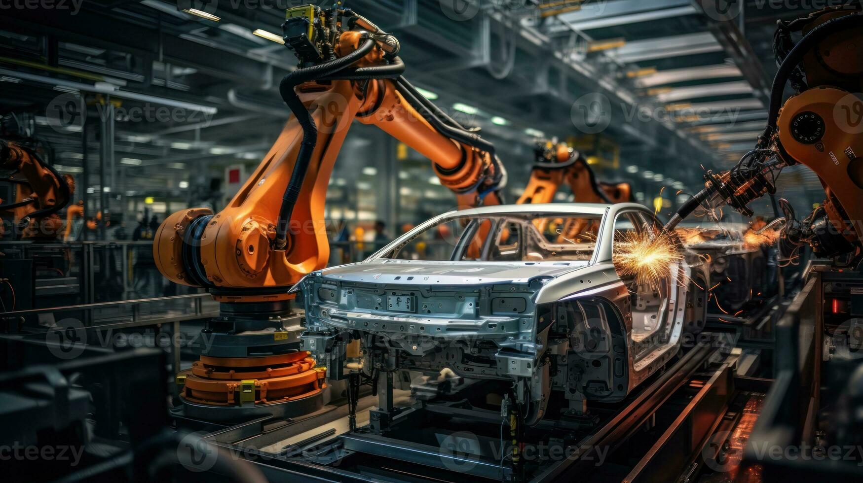 Automotive assembly line produced with robots. Generative AI photo