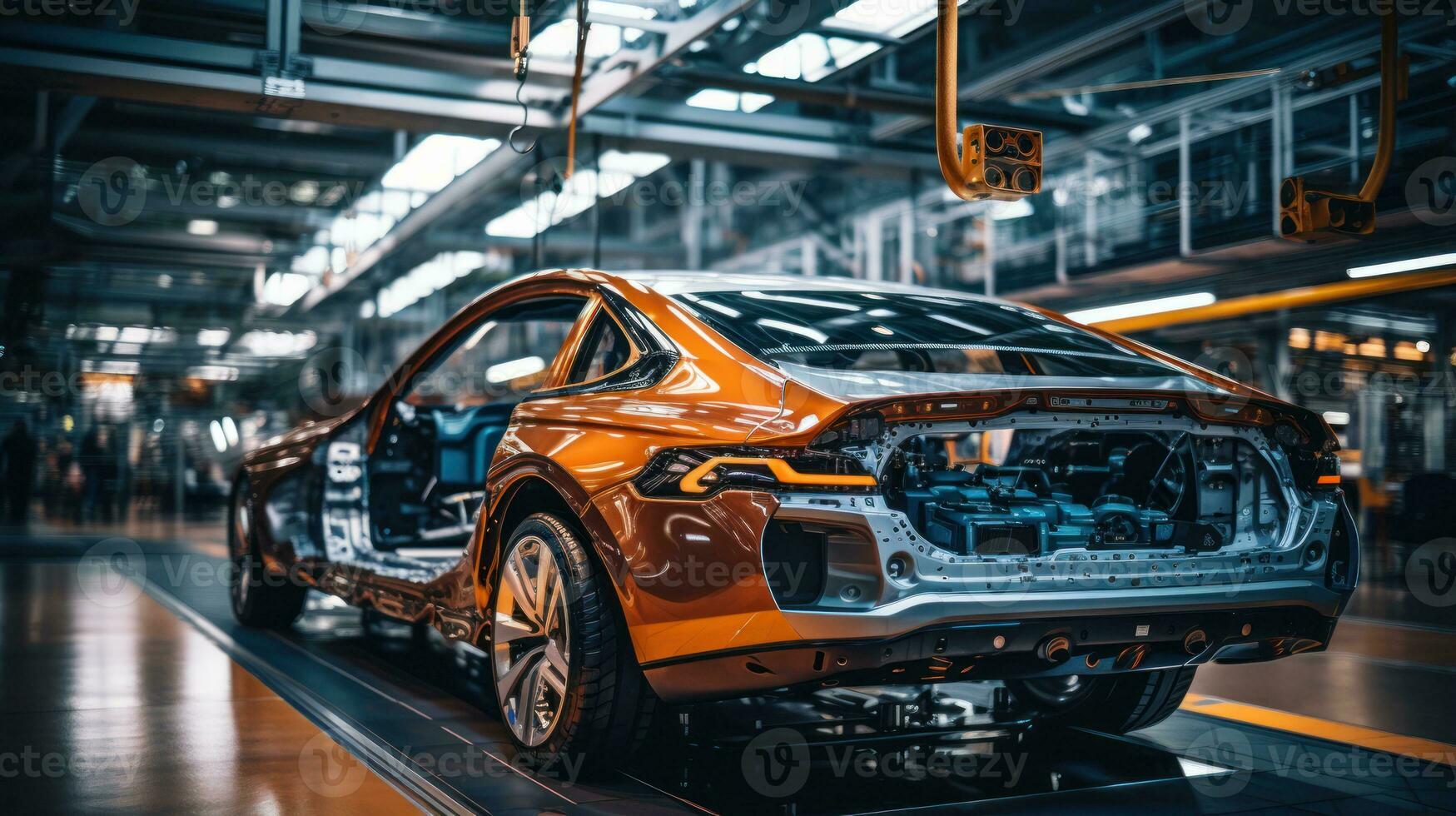 Automotive assembly line produced with robots. Generative AI photo