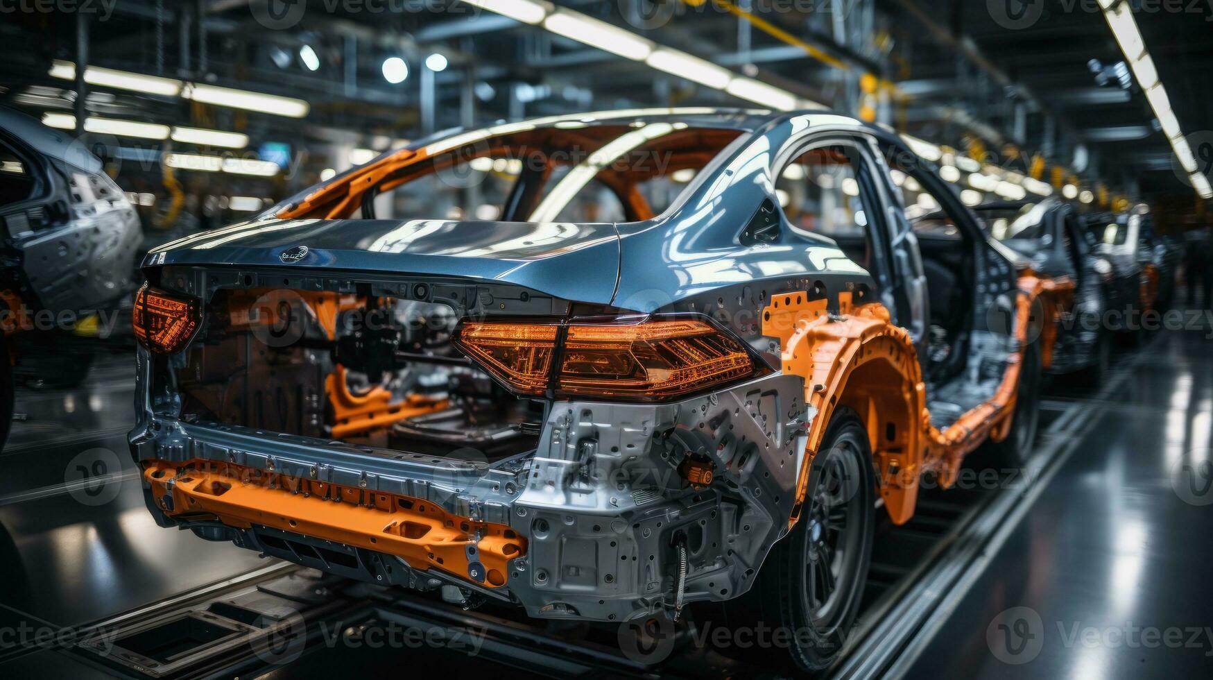 Automotive assembly line produced with robots. Generative AI photo
