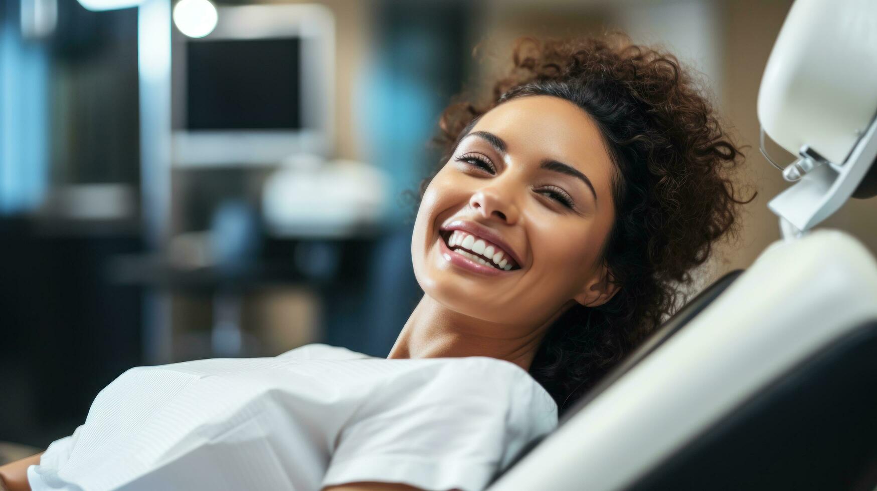 contento mujer sentado en dentista silla y teniendo dental examen. generativo ai foto