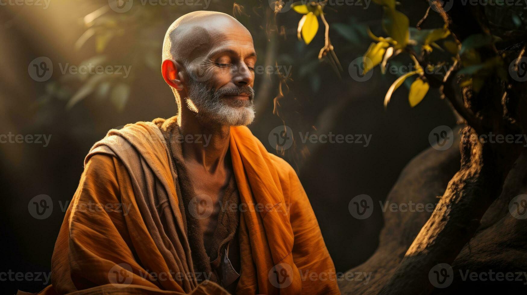 A yogi meditating with the peace of nature. Generative AI photo