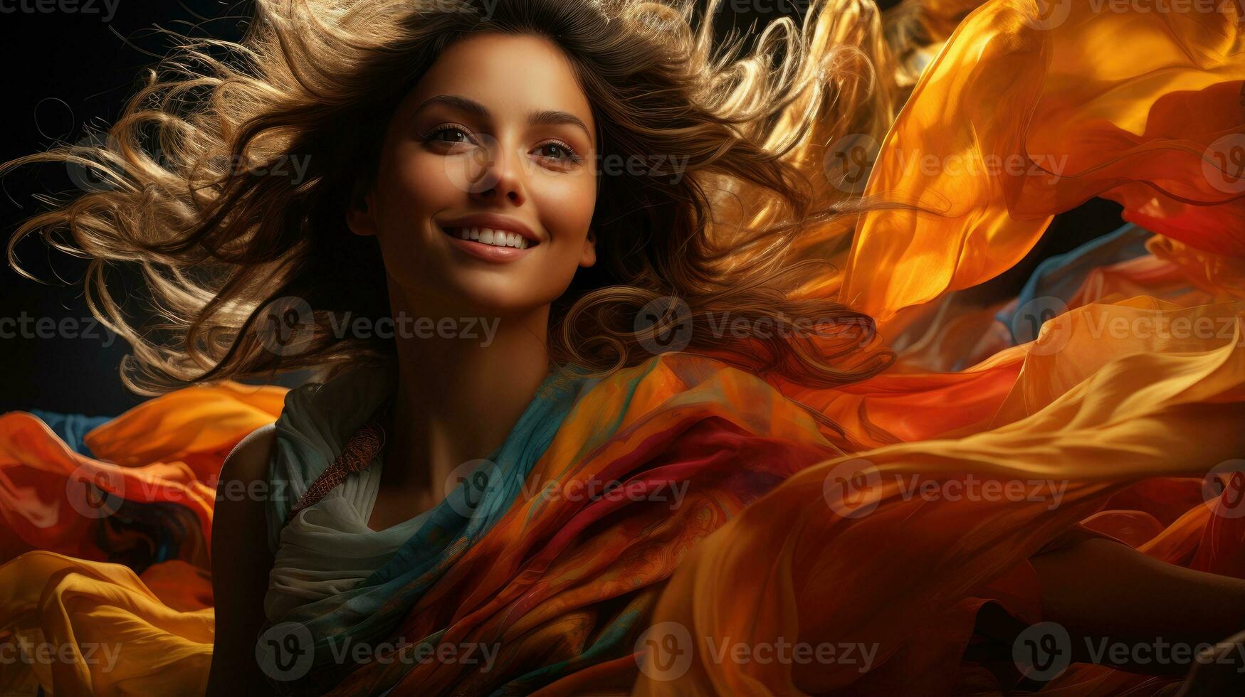 Lady spinning in the middle of a whirlwind of scarves during a traditional Indian dance. Generative AI photo