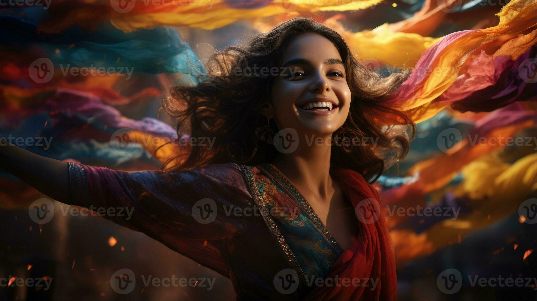 Lady spinning in the middle of a whirlwind of scarves during a traditional Indian dance. Generative AI photo