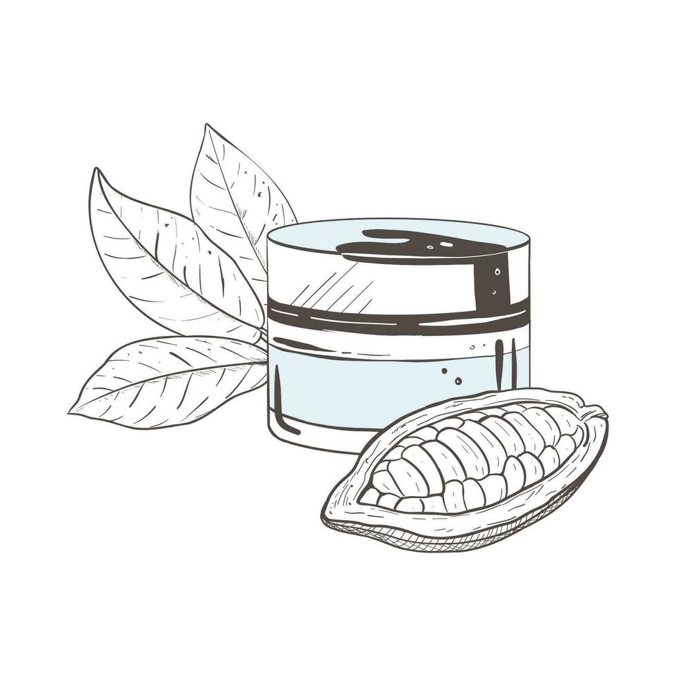 Vector illustration set of container, cocoa leaves and unpeeled cacao pod with seeds. Black outline of a jar of face cream, graphic drawing. For postcards, design and composition decoration, prints
