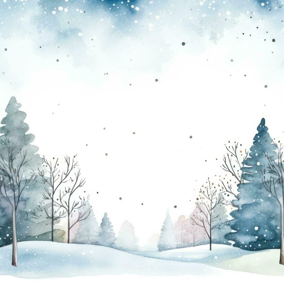 Whimsical winter scene with hand-drawn trees and a watercolor frame. photo