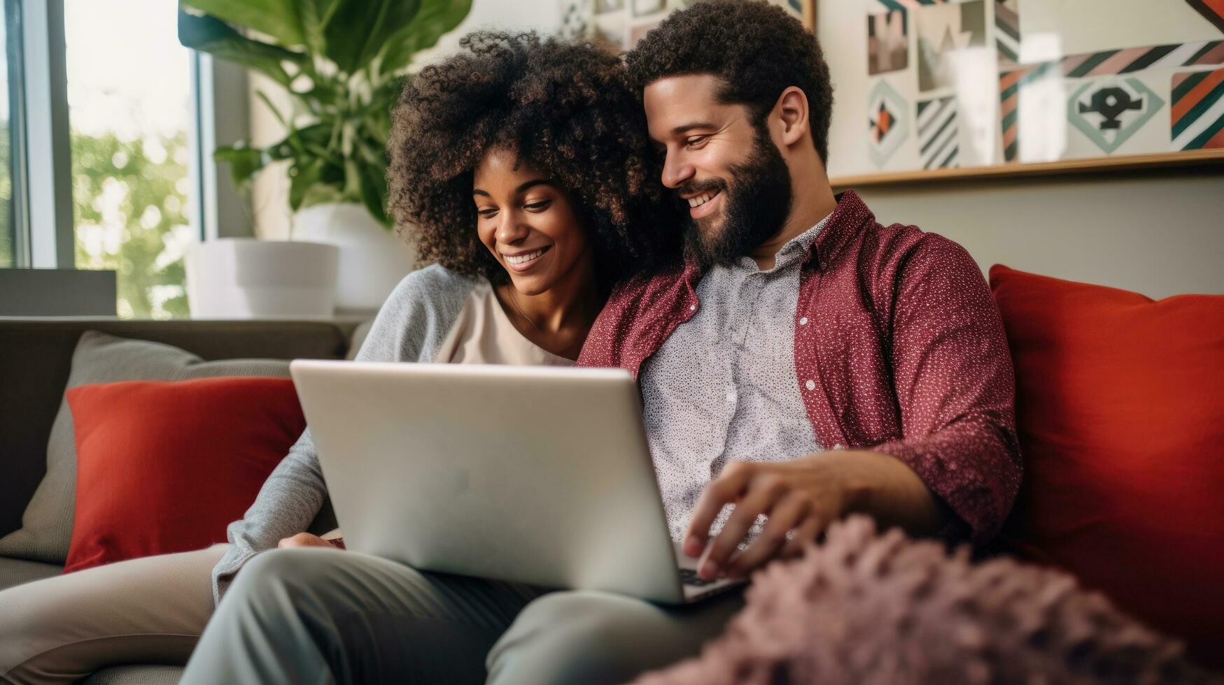 Happy Multiracial Couple is seated on their sofa, browsing the internet on their laptop. photo