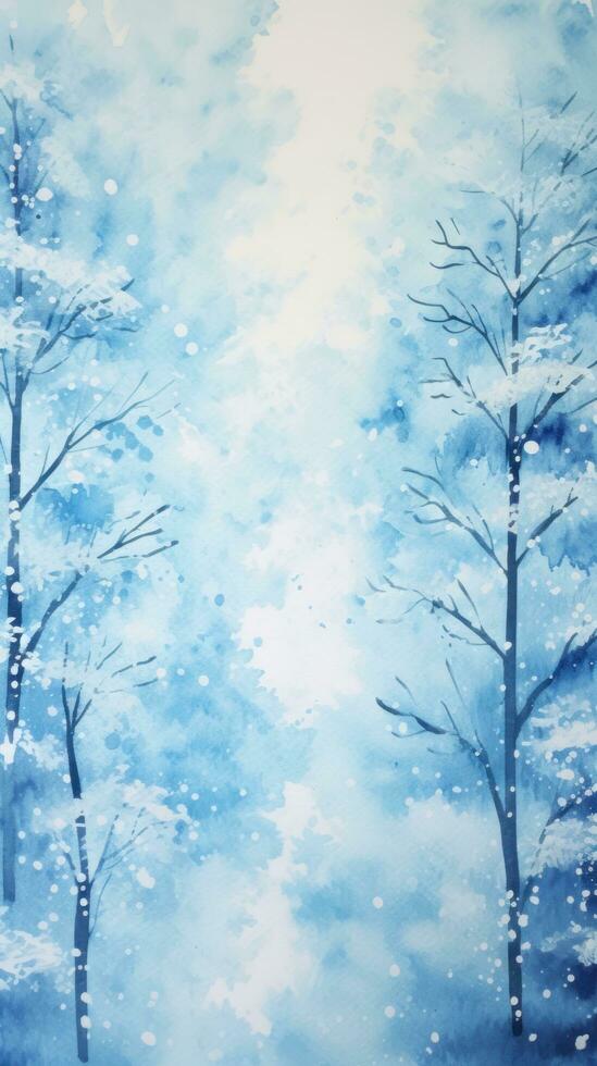 Snowy trees with a blue watercolor background and a frame photo