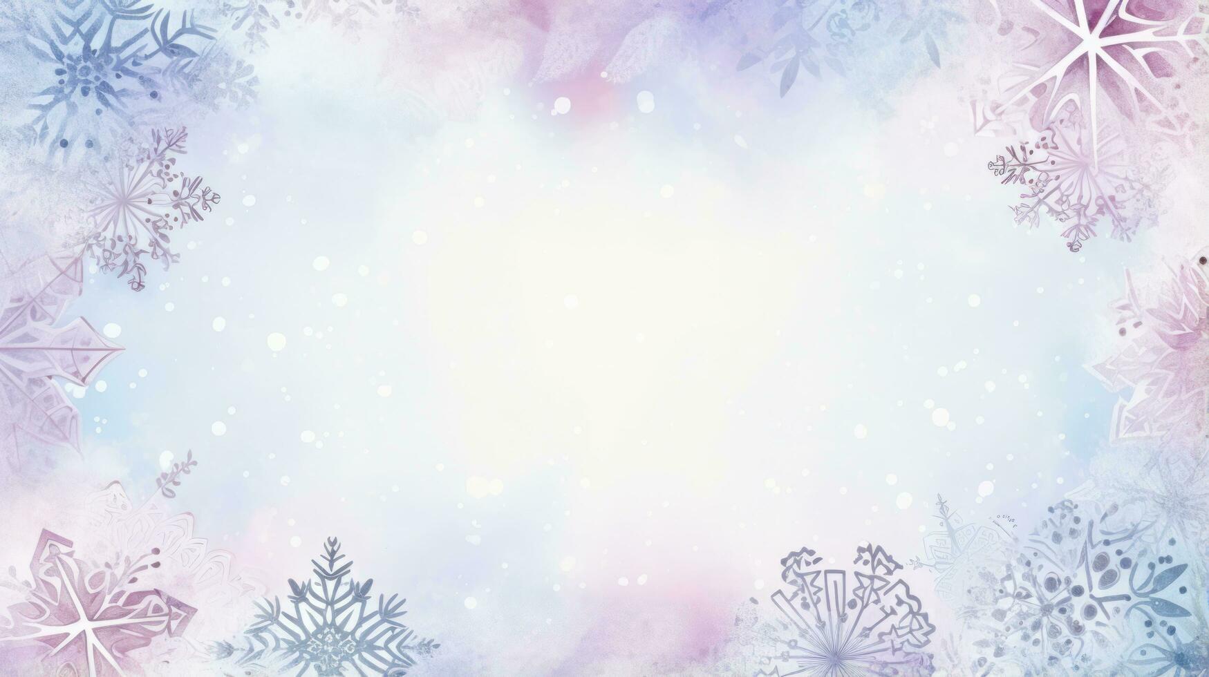 Pastel winter snowflakes with a watercolor border and wooden frame photo